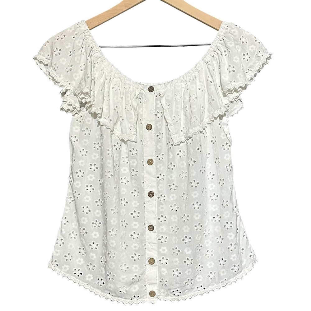 KONTROL Contemporary White Eyelet Off-The-Shoulder Ruffle Top Medium Cottagecore
